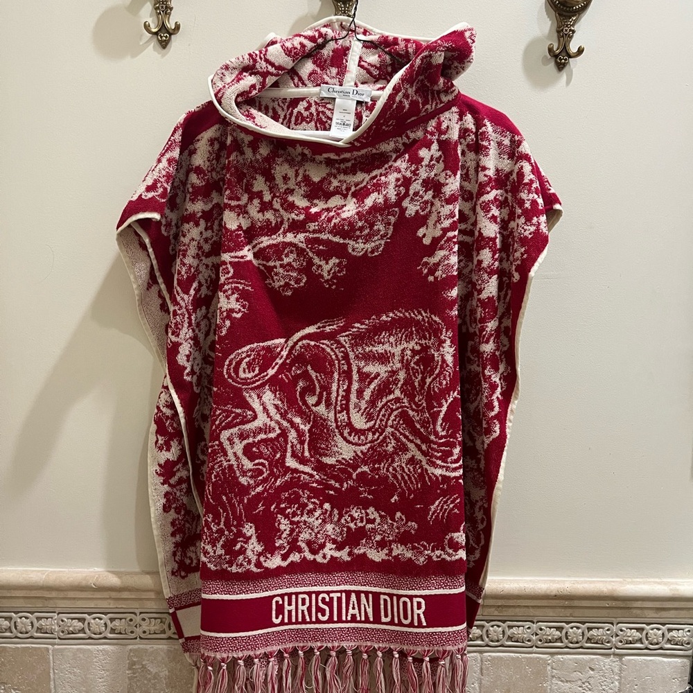 Christian Dior Red and White Hooded Poncho